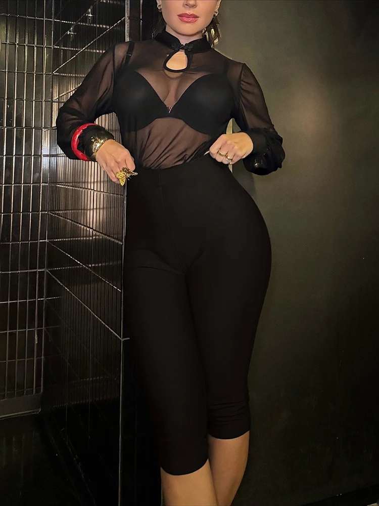 Nibber Sexy 2-Piece Set Women Stand Collar Patchwork See Through Hollow Frog Button Top+Elastic Waist Short Midnight Suits