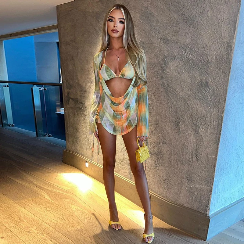 

2023 Summer Beach Holiday Two Piece Set Sexy Slit Cuff Plunge Neck Backless Drawstring Ruched Mini Dress+Lace Up Bra Outfits