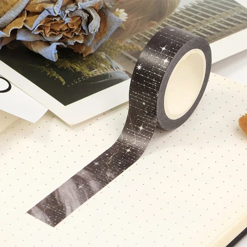 

New 1PC 15mm*10m Silver Foil Galaxy Background Black Stars washi tape Deco Scrapbooking Masking Tape sticker