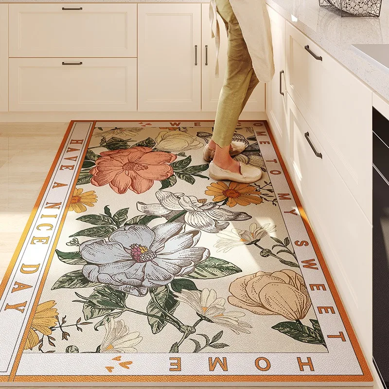 European Kitchen Floor Mat PVC Leather Waterproof Oil-proof Floral Carpet Anti-fouling Easy Clean Balcony Rugs Tapete De Cozinha