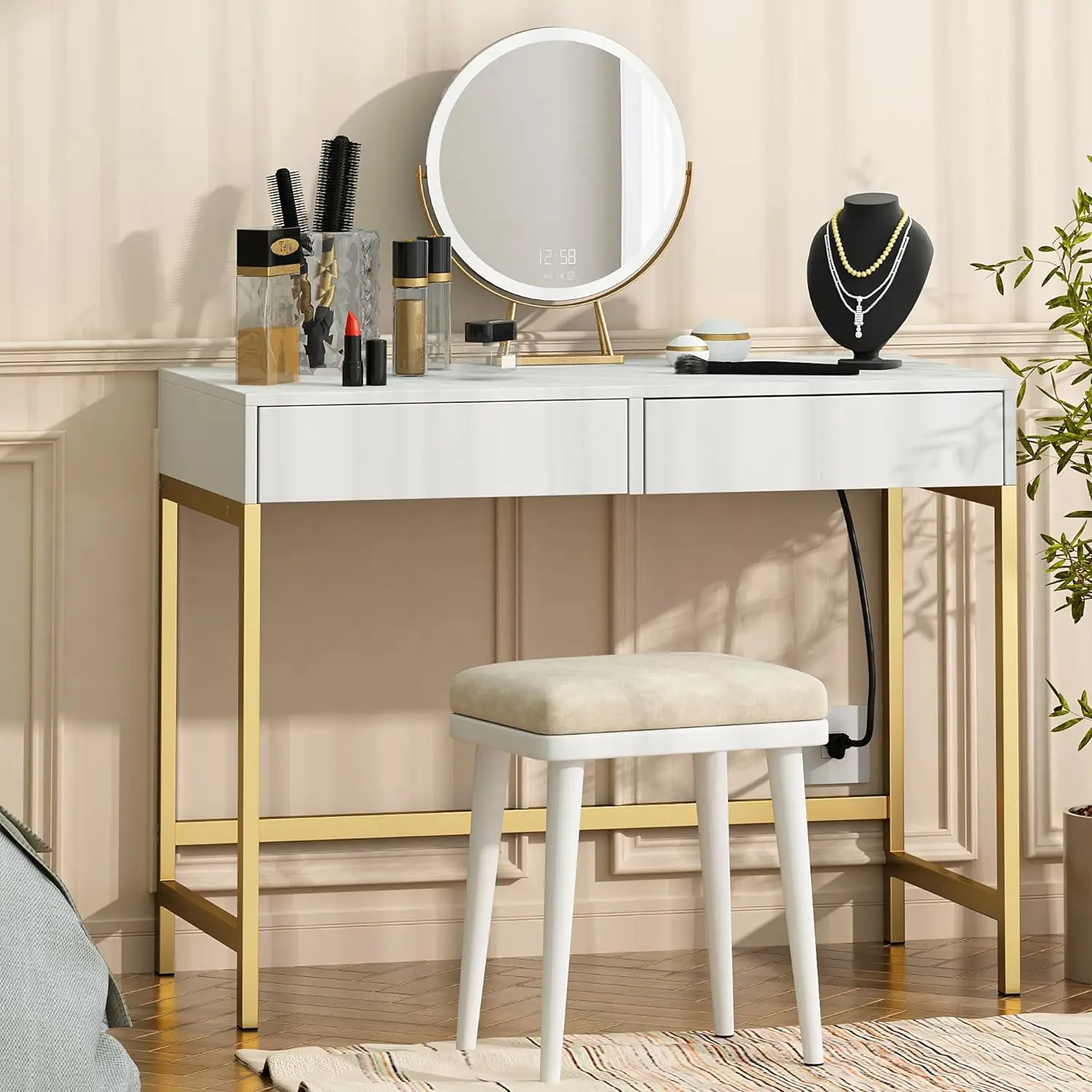 Treocho Computer Desk with USB Charging Ports and Power Outlets, Modern Simple 40 inch Vanity Desk with 2 Drawers, Makeup Table