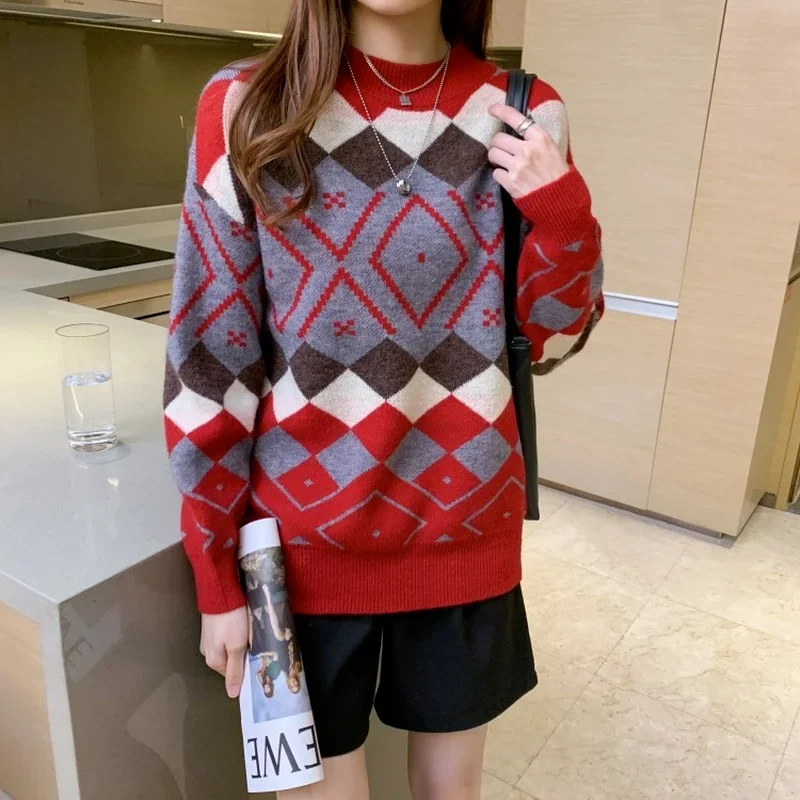 

Red Argyle Knitted Sweater Women O-Neck Loose Casual Pullovers Autumn Winter Fashion Warm Long Sleeve Leisure Knitted Jumpers
