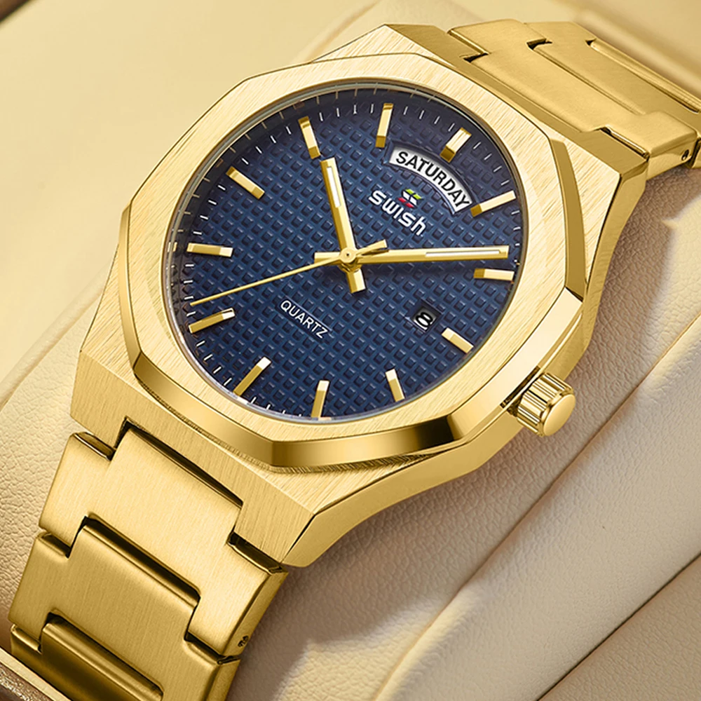 SWISH Luxury Yellow Gold Polygon Watch for Men Quartz Business Relogio Masculino Week Date Display Business Dress Clock 2023