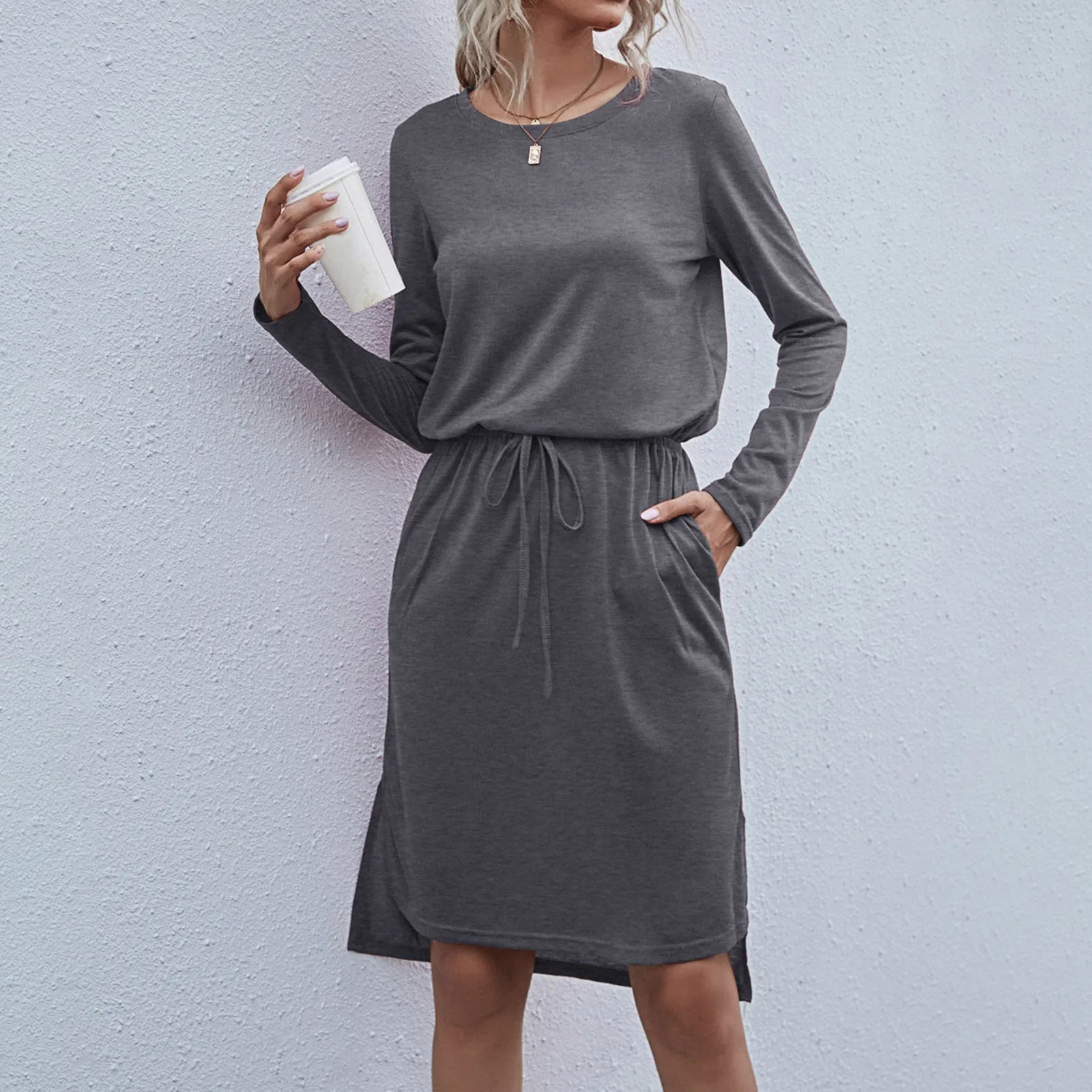 

Womens Hide Belly Work Casual Midi Dresses With Pockets T Shirt Dresses for Women Knee Length Denim Midi Dress