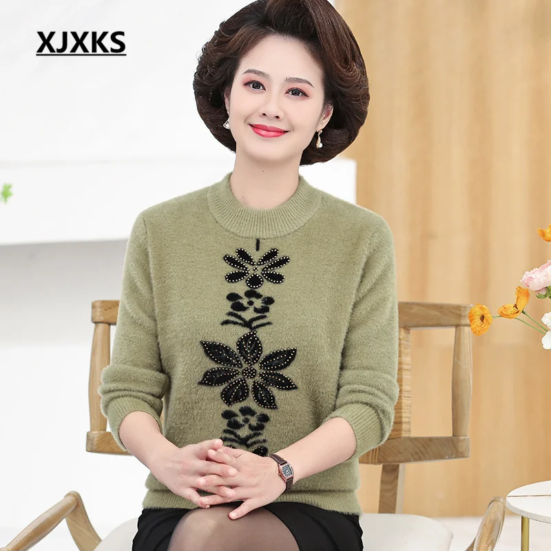 

XJXKS Middle-aged And Elderly Winter Warm Mink Jumper 2022 New Loose Oversize Knitted Pullover Sweater Women