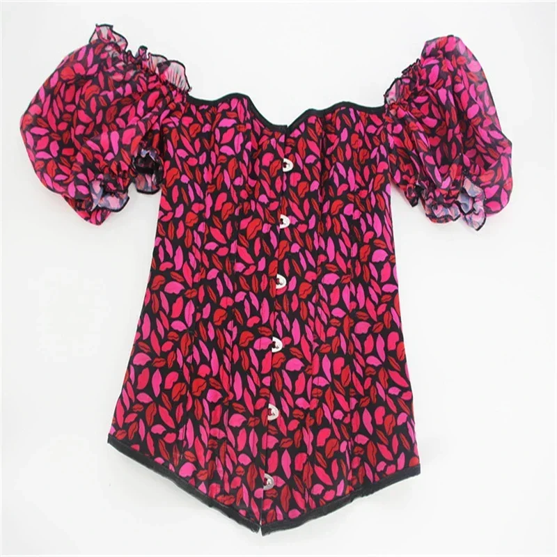 Women Gothic Sexy Ruffle Short Sleeve Slimming Corset Top Red Lips Prints Body Shaper Overbust Bustiers Corselet Fashion
