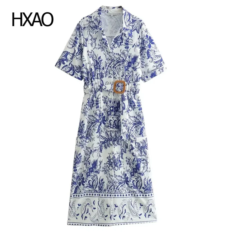 

HXAO Printed Dresses for Women Midi Dresses V-Neck Short Sleeve Shirt Dress Fashion Female Dress Luxury Autumn New In Dresses