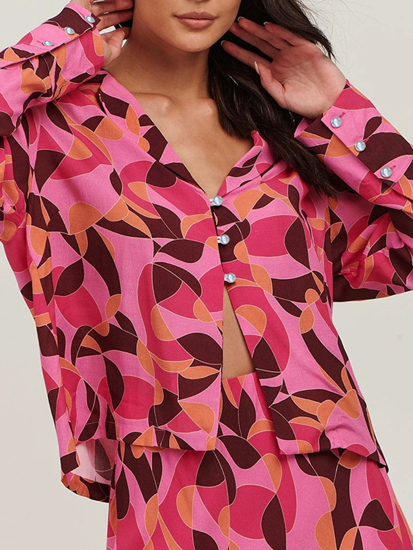 Marthaqiqi Loose Women Nightwear Suit Long Sleeve Pajamas Sexy Turn-Down Collar Sleepwear Shorts Fashion Printing Nightgowns Set