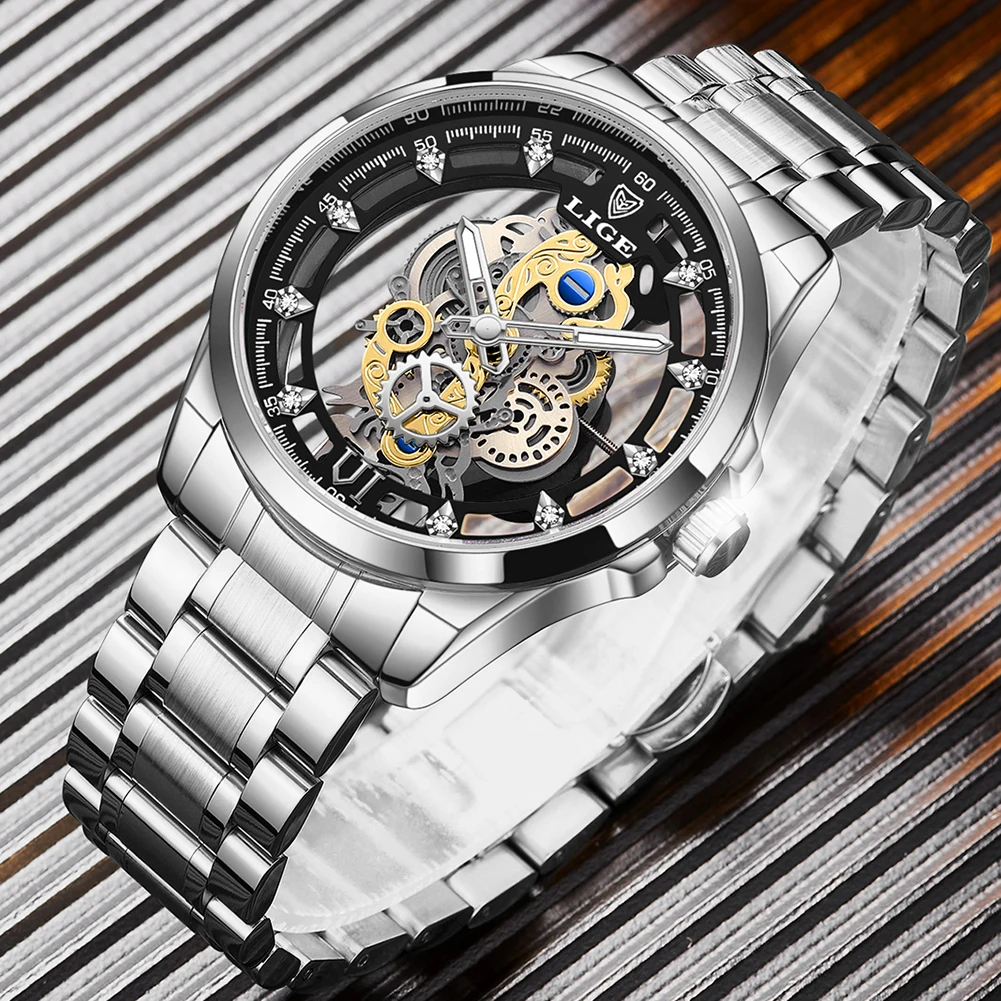 LIGE New Men Watch Skeleton Fashion Quartz Wristwatches Skeleton Vintage Man Watch Mens Watches Top Brand Luxury reloj hombre