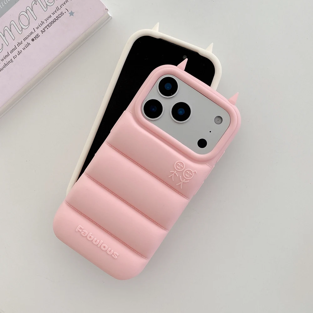 Chic 3D Devil Horns Down Jacket Phone Case - Cute Shockproof Soft Silicone Back Cover