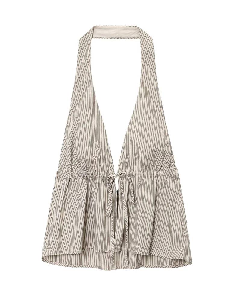 TFMLN Women Fashion Halter Tops Simple Causal Slim Fit  Vest Sexy Striped Backless Deep V-Neck Chic New Summer Halter Tops