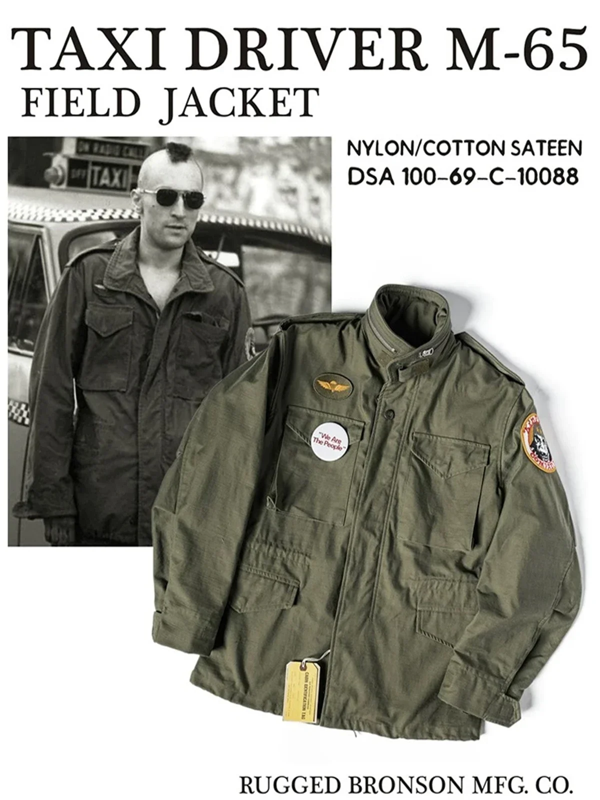 Rugged Bronson 1969 Cotton Nylon Sateen M-65 Field Jacket With Taxi Driver Patches
