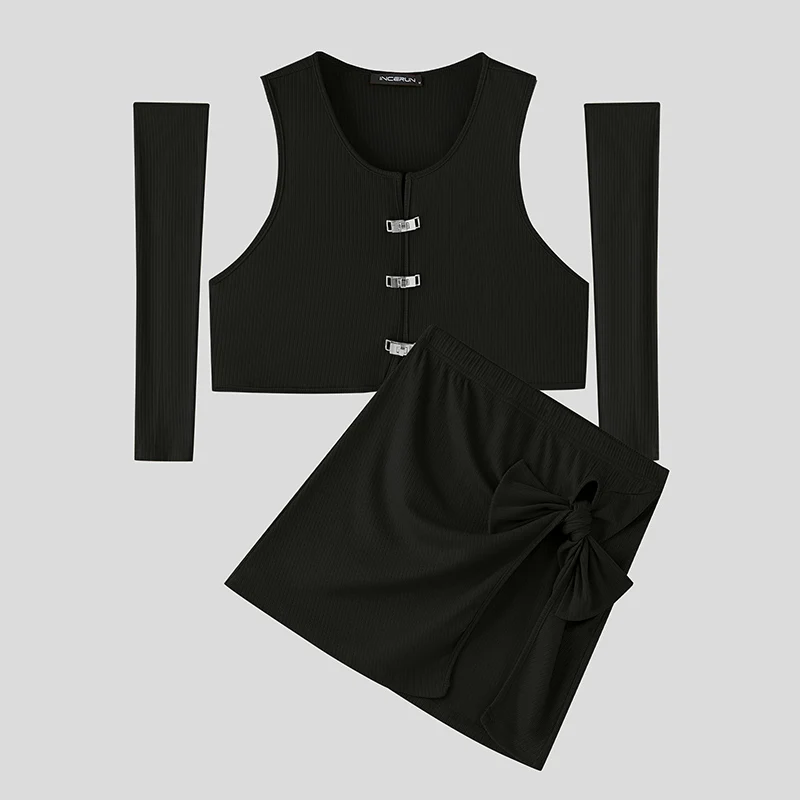 INCERUN Men Sets Solid Color Sexy Irregular Sets Summer 2025 Long Sleeve Crop Tank Tops & Skirts 2PCS Streetwear 2025 Men Suits
