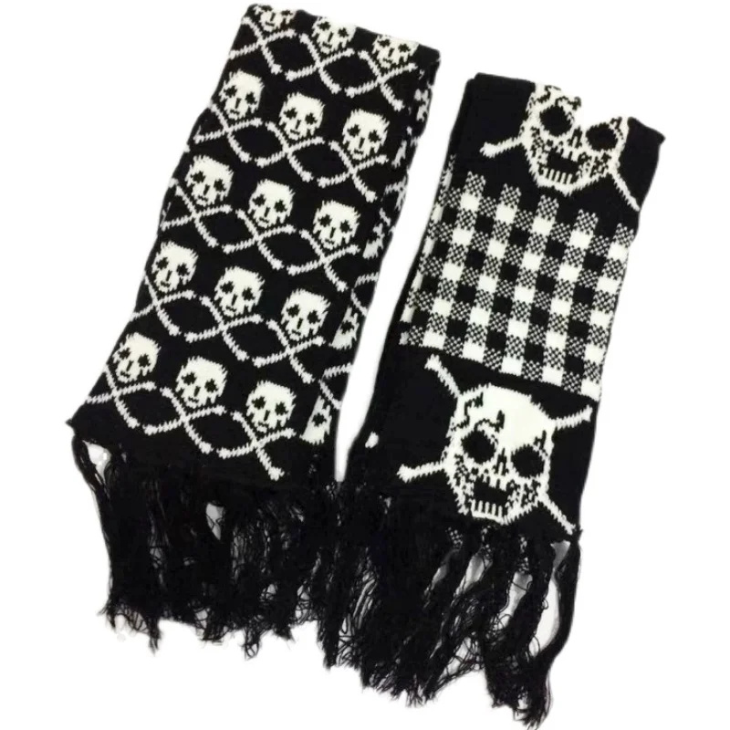 Punk Harajuku Japan Scarf Gothic Y2k Hot Girl Subculture Skull Scarves Warm Knit Scarf Black White Winter Scarves