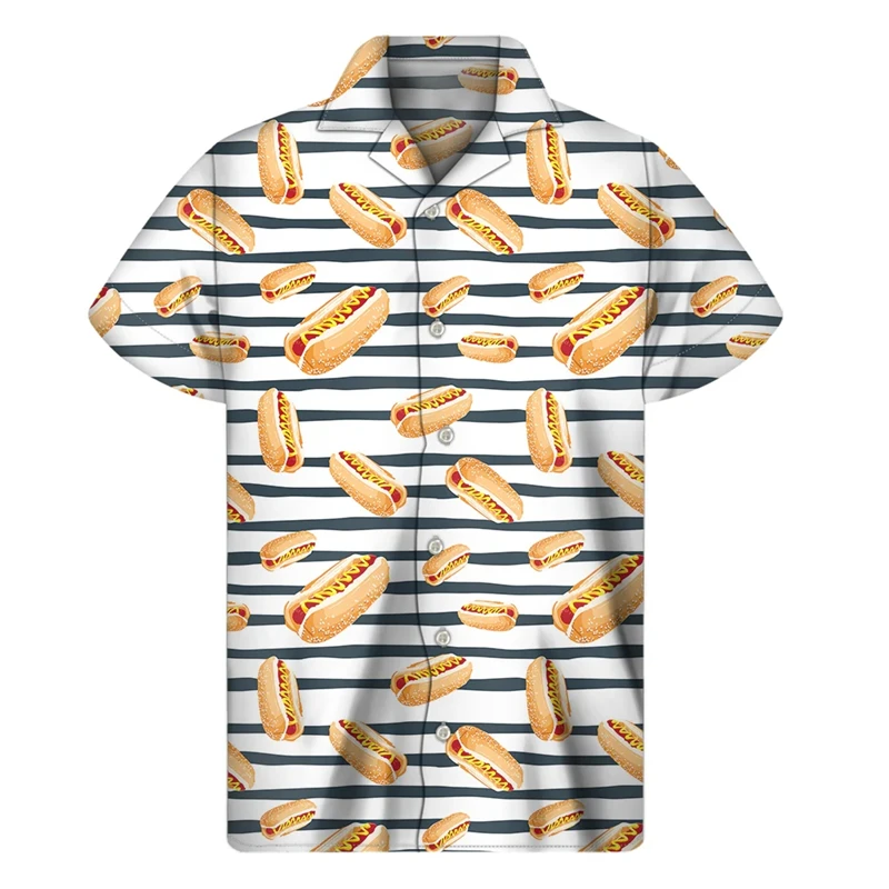 thumbnail image 1 of 2024 Camisas divertidas para hombres con estampado 3D de perrito caliente, camisa hawaiana de playa de gran tamaño de verano, blusa informal de manga corta con solapa, ropa, 1 of 5