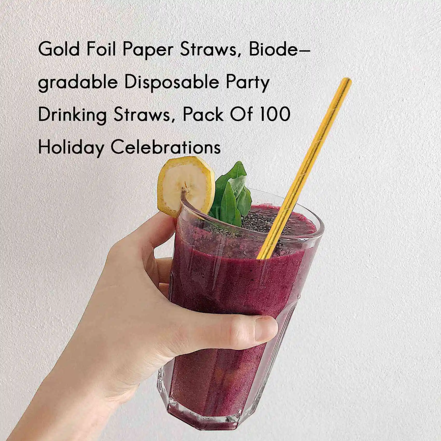 Gold Foil Paper Straws, Biodegradable Disposable Party Drinking Straws, Pack Of 100 Holiday Celebrations