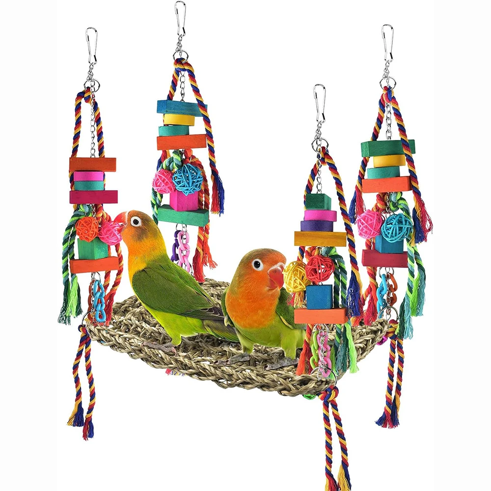 Bird Swing Toys Colorful Parrot Seagrass Mat Hammock with Blocks Bird Cage Accessories Suitable for Small to Medium Birds