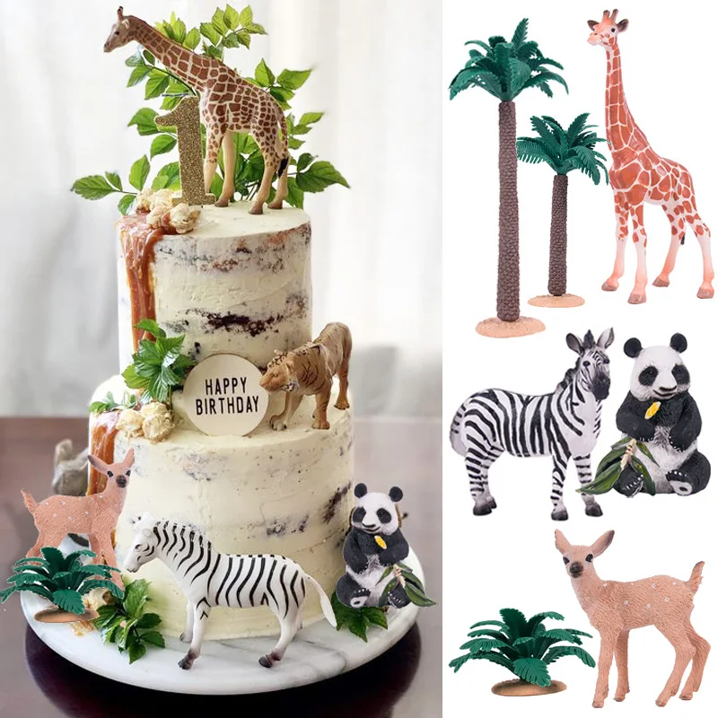 

Jungle Animals Birthday Cake Decor Simulation Giraffe Zebra Panda Coconut Tree Cake Topper Safari Birthday Party Decoration Kids