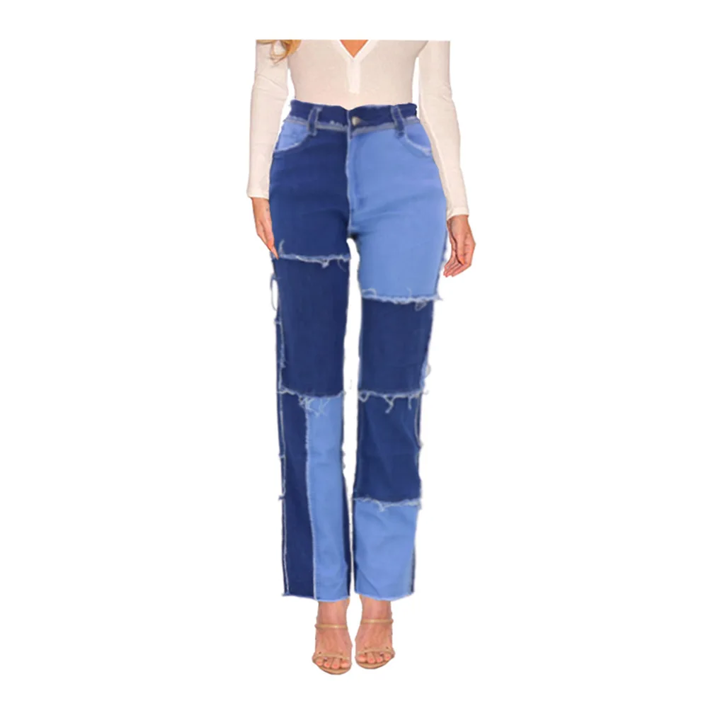 baggy jeans 2022 Women's Fashion New Cotton Jeans high-elastic beggar patchwork contrast color straight Trousers slim Hip-Lifting streetwear brown jeans