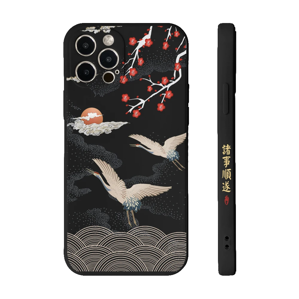 Elegant Chinese Crane Design Soft Phone Case - Straight Edge Cover