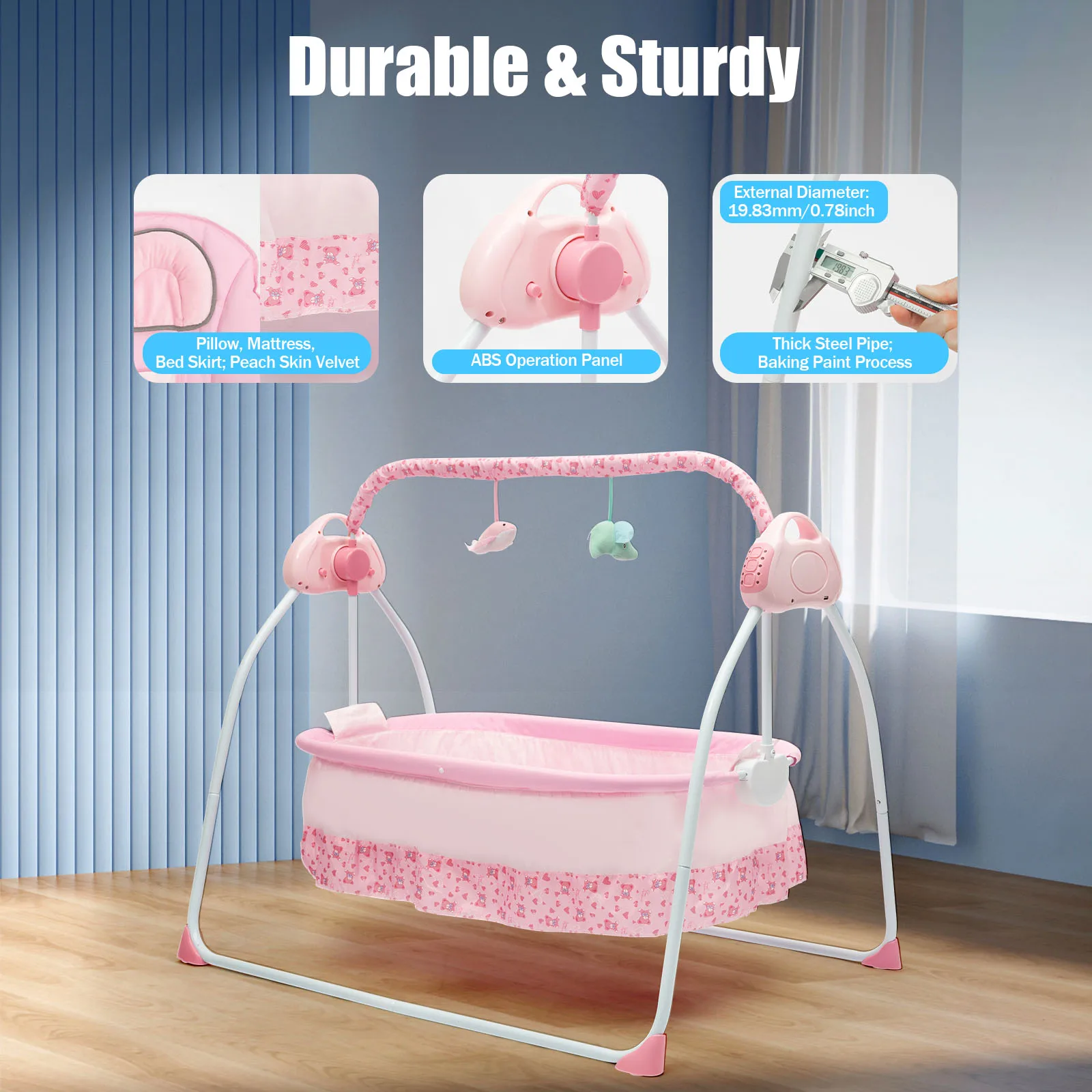 Foldable Electric Baby Cradle – Dual Control, Durable Design, Soothing Sounds, Safe & Portable, Ages 0-18M, 55.12LB Capacity 4