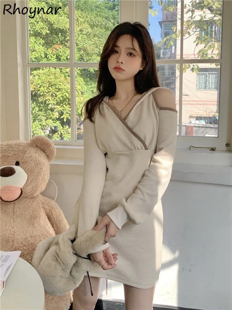 

Dresses Women Korean Empire Tunic Retro Feminine Simple Hooded Design Chic Elegant Mini Tender Patchwork Casual Party Harajuku