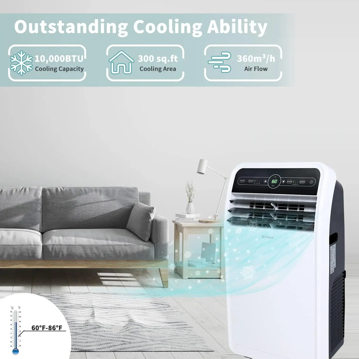 10,000 BTU Portable Air Conditioner, Portable AC Unit with Built-in Cool, Dehumidifier & Fan Modes for Room up to 300 sq.ft, RC 2