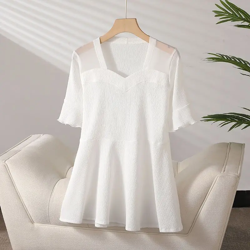 2023 New Summer Elegant and Gentle Style Square Neck Panel Mesh Ruffle Sleeves Wrap Up Waist Cover Belly Solid Texture Shirt