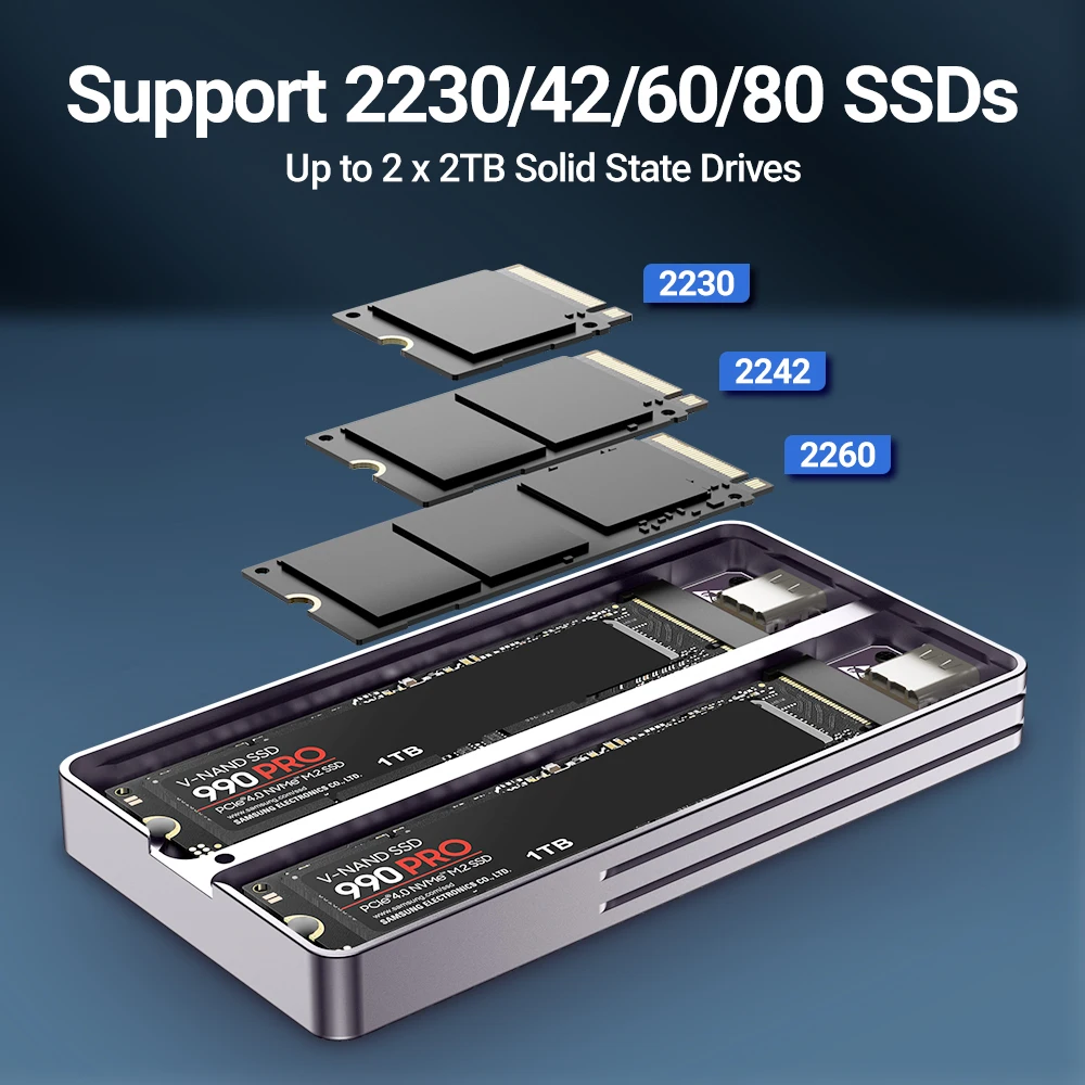 Jeyi-dual Bay M.2 Nvme Sata Ssd Enclosure Usb 3.2 Gen 10gbps Estojo de Alumínio para M.2 Pcie 2280 60 43 30 Ssd Suporte Uasp Trim - Imagem 3