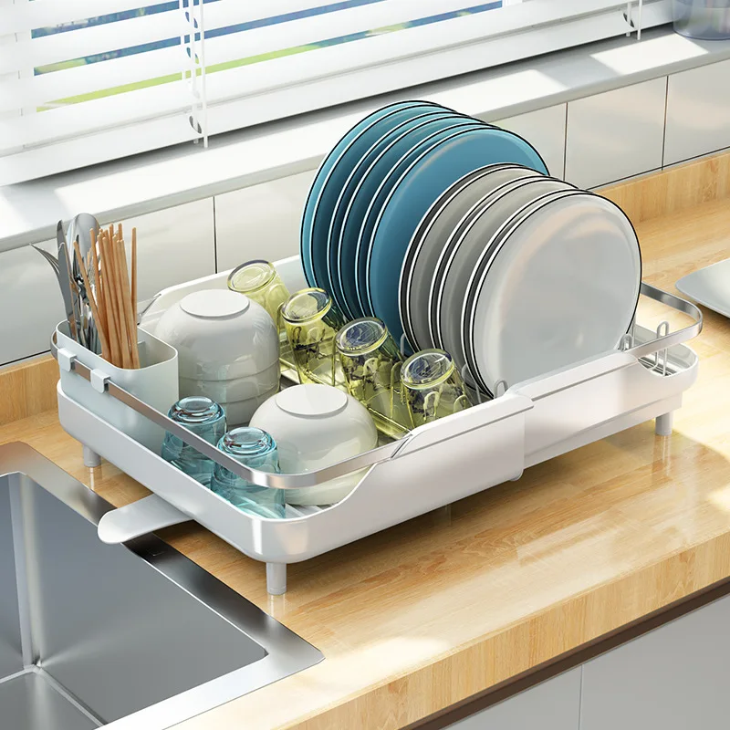 Stainless Steel Dish Drying Rack Adjustable Kitchen Plates Organizer with  Drainboard Over Sink Countertop Cutlery Storage Holder - AliExpress