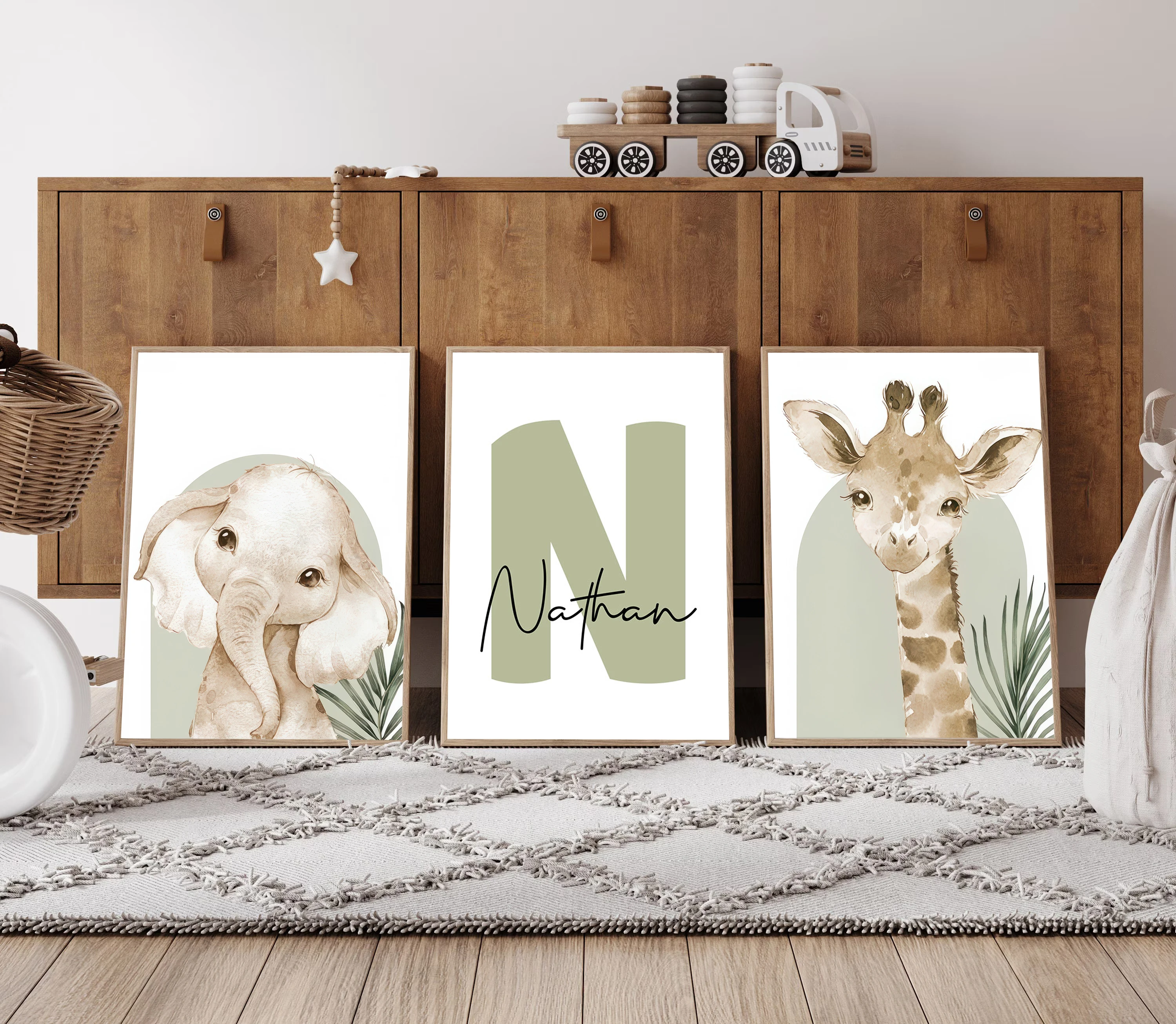 3pcs/set Customized Personalized Name Safari Canvas Print Animals Elephant Giraffe Nursery Birthday Gift Poster for Home Decor 2