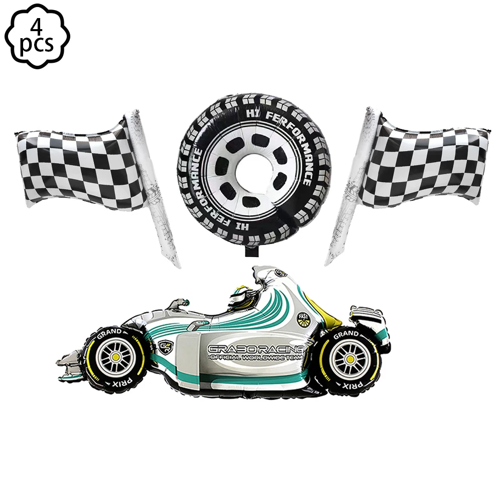 Race Car Party Decorations Set - 3 Checkered Tablecloths & 8 Foil Balloons For Racing Theme