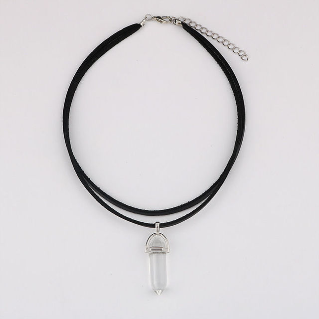 Crystal Chakra Pendulum Pendant Necklaces For Women Teens Girls Hexagonal Stone Leather Choker Chain Statement Necklace
