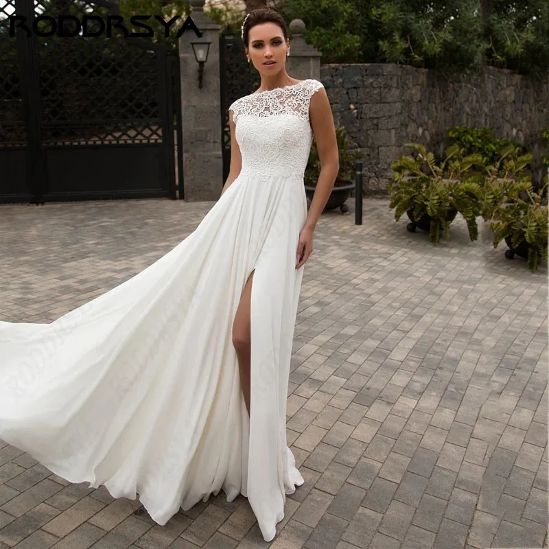 

RODDRSYA Boho Chiffon Wedding Dress Sexy High Split A-line Suknia ślubna 2024 Elegant Scoop Cap Sleeve Bridal Party Custom Made