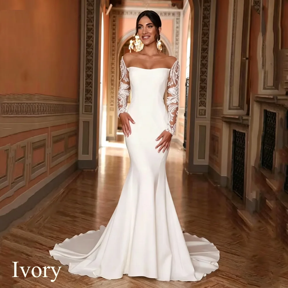 Boho Lace Appliques Mermaid Wedding Dresses Sexy Open Back Button Bridal Gowns Pleat Long Sleeves Sweep Train Vestido Customized