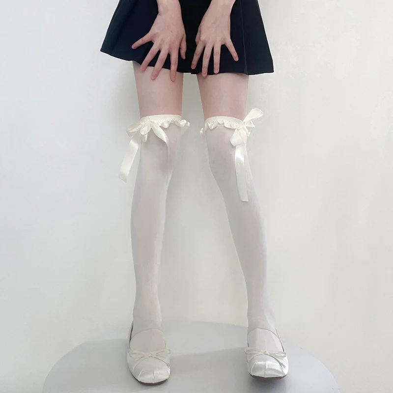 

Lolita Bowknot Stockings Women Sweet Over Knee White Socks Female JK Thin Long Socks Dress Calcetine Medias