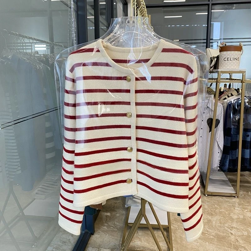 

Women 2023 Autumn Winter New French Striped Cardigan Coats Female Short Knitted Jackets Ladies O-neck Sweaters Overcoats A386