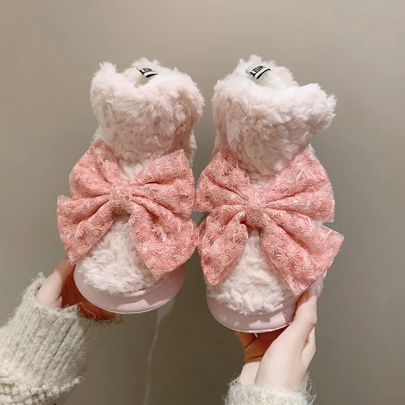 

Пушистые зимние женские ботинки с кружевом и бантом, модные женские зимние ботинки, уличная одежда, простой дизайн, Женская хлопковая обувь на высокой платформе