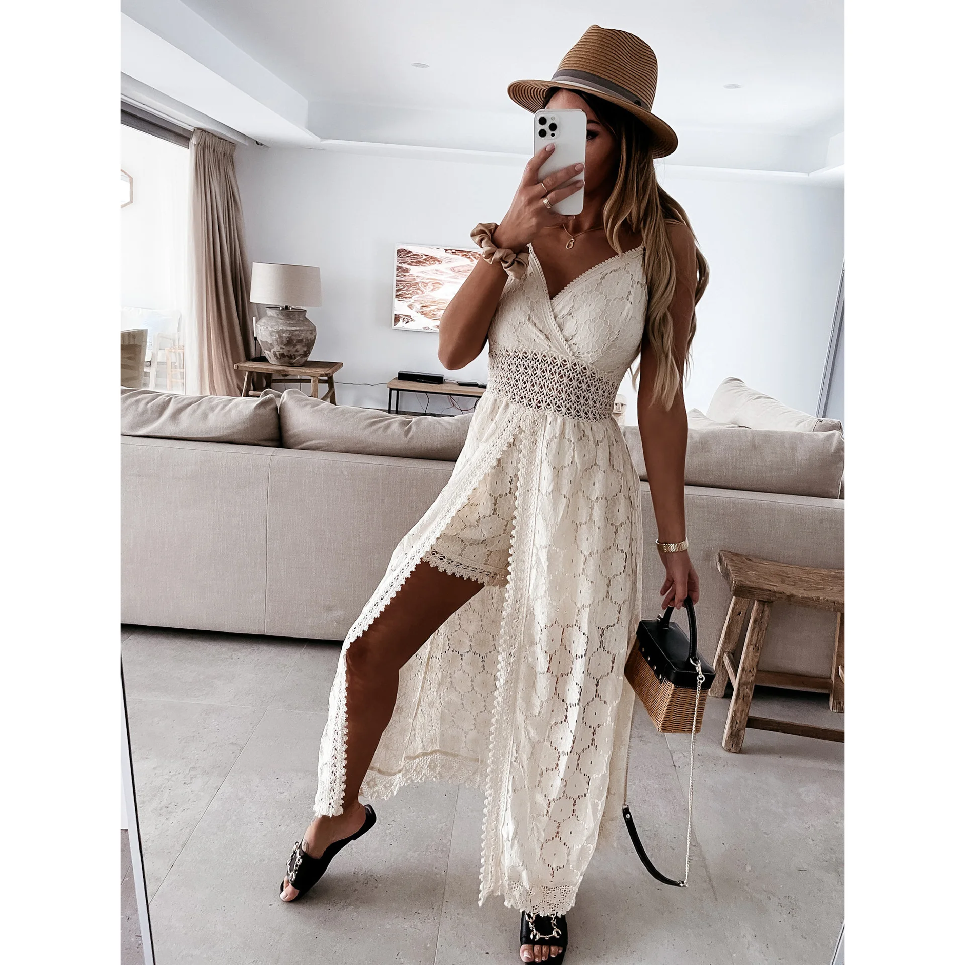 

Hollow Out Floral Lace Playsuit Sundress Lady Outfit Women Spaghetti Straps Long Beach Dress Boho Summer Sleeveless