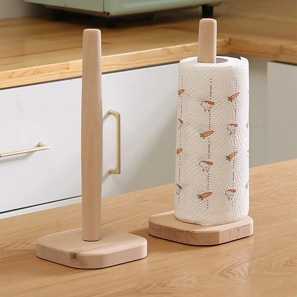 Wooden Natural Paper Towel Holder Round Bottom Paper Roll Holder Desk Kitchen  Paper Holder 