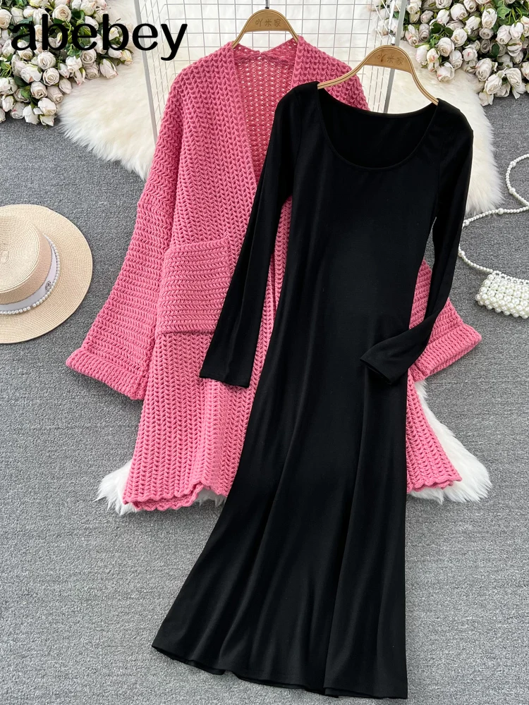 

Women'S Autumn 2023 Solid Color Knit 2 Two-Piece Pink Long Cardigan Sexy o-Neck Slim Long Sweater Dress Cardigan Set