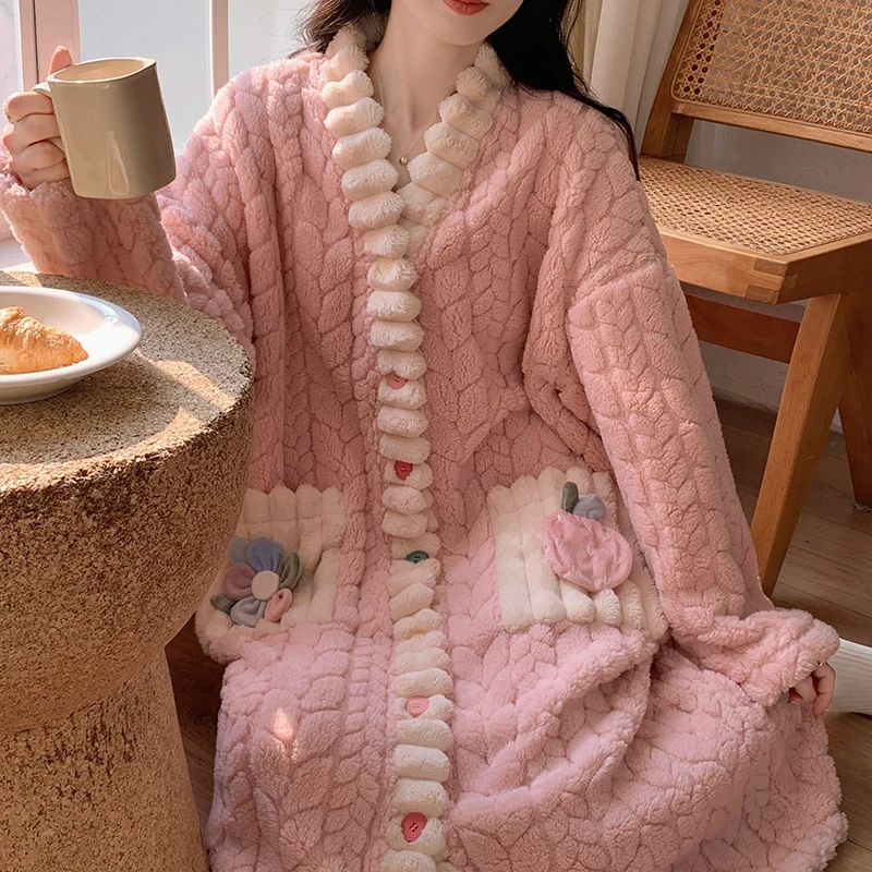 Women Sleepwear Sleepwear Pajamas Robes Women Solid Single Breasted Thick Loose Winter Warm Homewear Simple Leisure Lounge Popular College V-neck Feminino Cozy