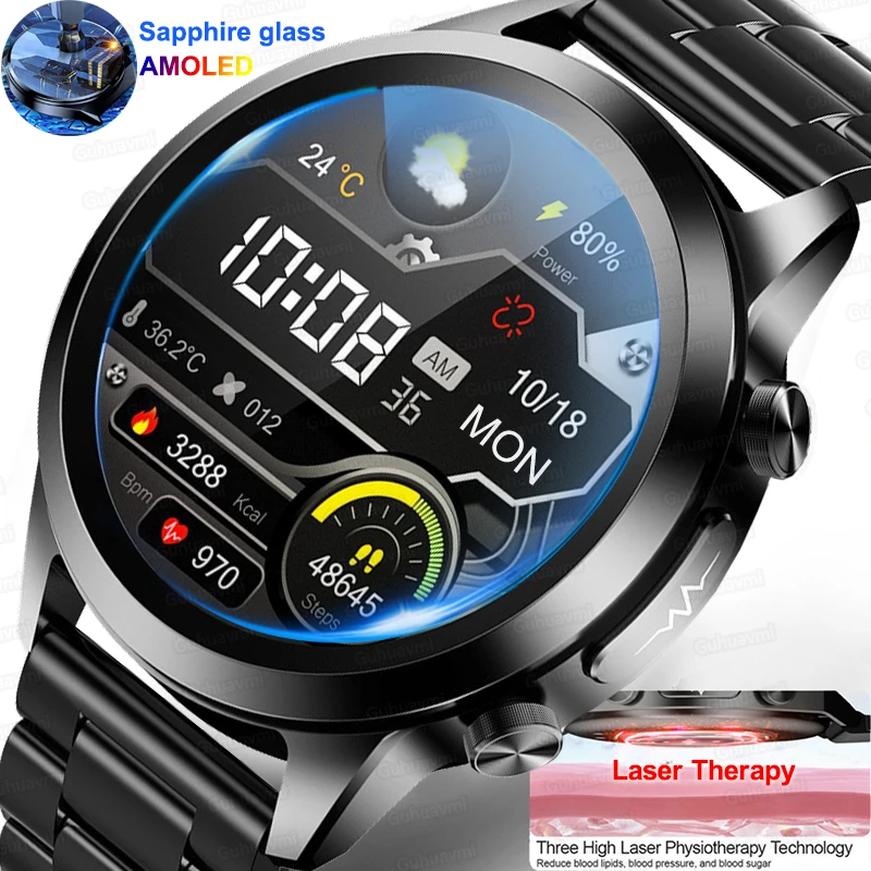 Nuovo Vetro Zaffiro Amoled Hd Screen Blood Sugar Smart Watches Men Laser Treatment Ecg + Ppg Health Blood Pressure Sport Smartwatch