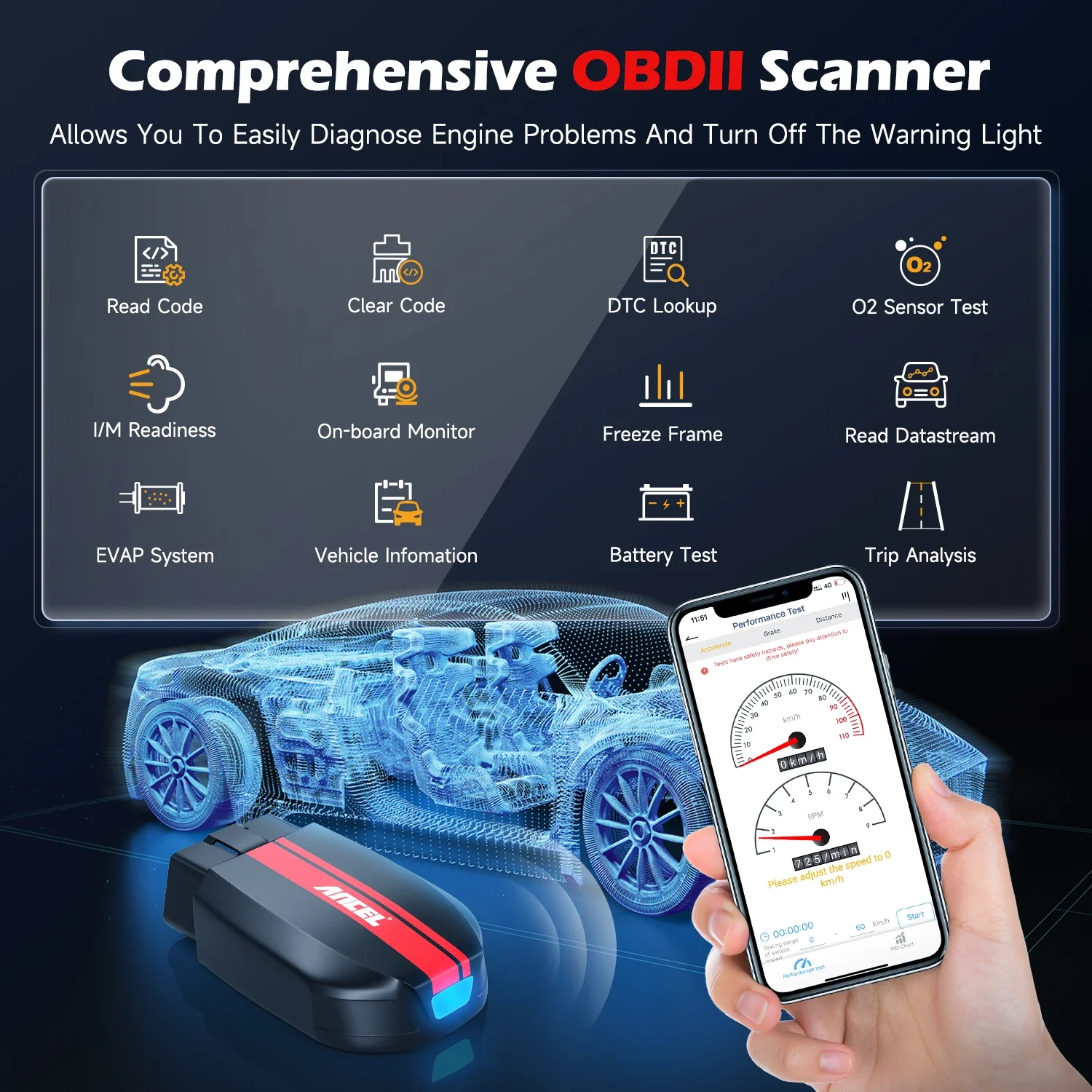 2024 ANCEL BD200 OBD2 Scanner Bluetooth 5.0 Code Reader Engine Fault Battery Test Car Diagnostic Tools for Android IOS iPad 2