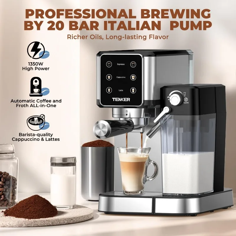 TENKER Espresso Machine 20 Bar, Cappuccino Machine with Automatic Milk Frother, Latte Machine in Stainless Steel Design 3