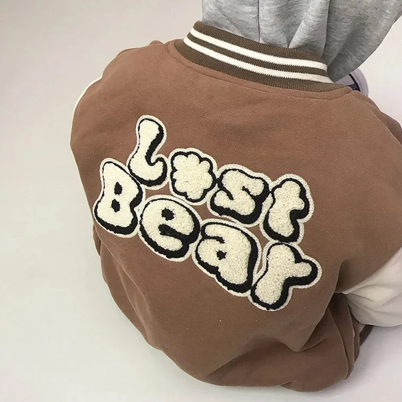 New Chidlren Girls Cartoon Bear Jackets Long Sleeve Fleece Coat Warm Fall Kids Boys Beseball Outwear Winter Toddler Clothi