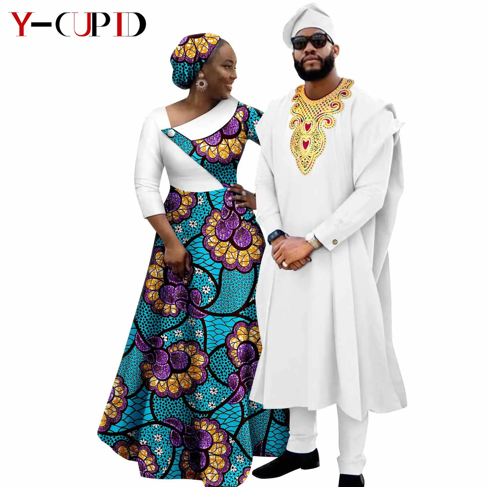 African Clothes Print Long Dresses for Women Dashiki Couple Matching Outfits Men Agbada Robe Sets Suits Wedding Attire Y23C112 african suits for men agbada robe shirts pants and tribal hat set dashiki outfits plus size traditional attire wedding a2316040