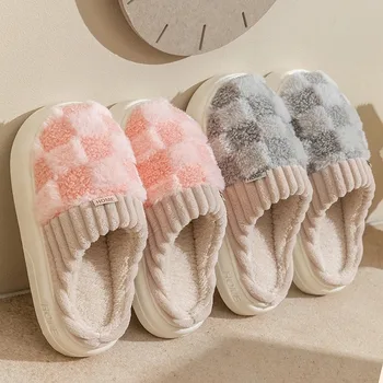 Fashion Couple Winter Toe Wrap Warm Plaid Plush Slippers Men Women Thick Soft Sole Slides Indoor Floor Flat Home Non-slip Shoes 1