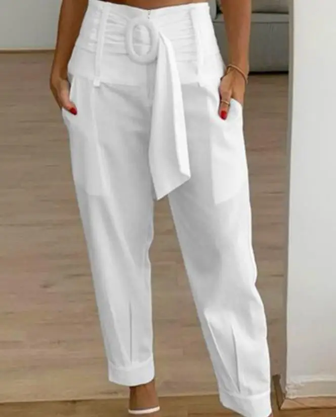 2024 Women's Spring/summer Pants Harlan Pants Work Pants Pocket Design with Strap Waistband Flipped Solid Color Pants