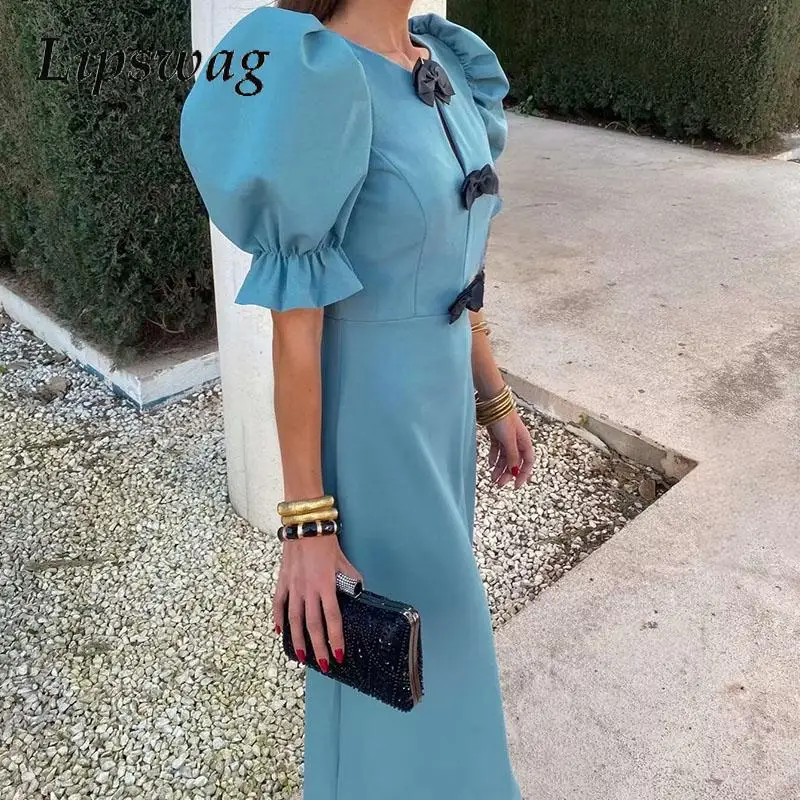 

New Elegant O-neck Banquet Party Dress Chic Women Hollow Bow Slim Long Dress 2024 Summer Puff Sleeve Solid Temperament Dresses